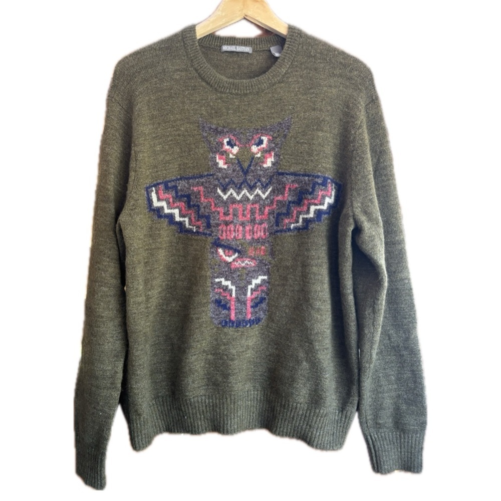 Michael Bastian Dark Olive Green Totem Pole Owl Wool Blend Sweater Men's Large